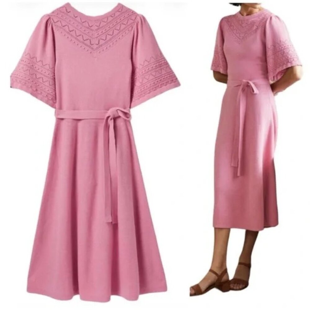 Boden Embroidered Knit Midi Dress Dusty Rose 16/18L NWT